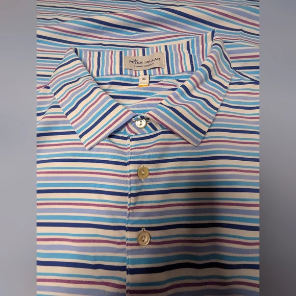 Peter Millar XL 'Summer Comfort' Polo Short Sleeve Blue Stripe - Some Pilling - Picture 8 of 16